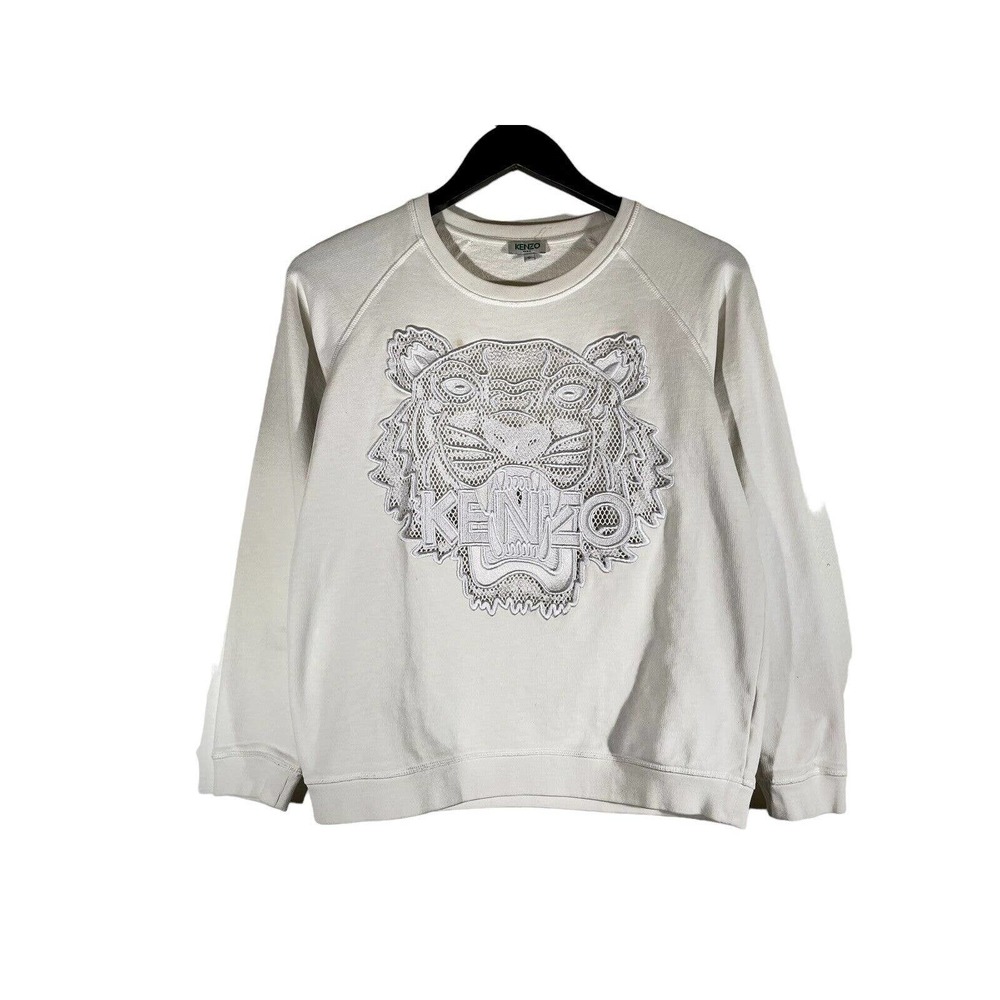 Kenzo Women's Varsity Tiger Crewneck Sweatshirt Mesh Front Small S White FLAWS